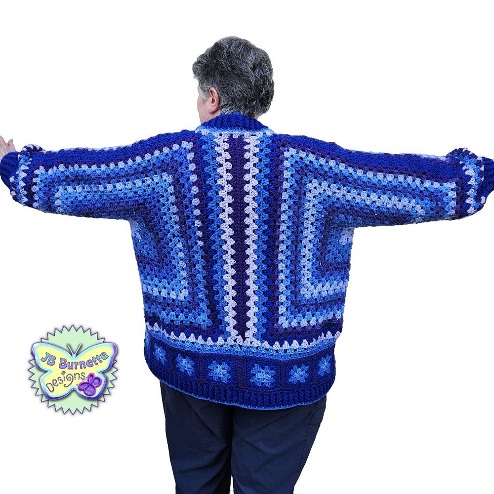 Handmade Oversize Crochet Cardigan Blue Cozy Warm Sweater, Granny Square Sweater